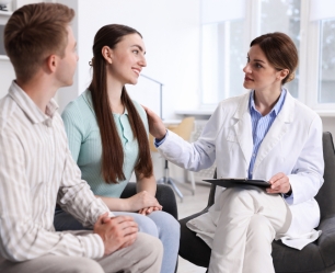 Doctor counseling a couple on fertility and infertility treatment at Doctor Gowri's Balaji Hospital, Tirupati.